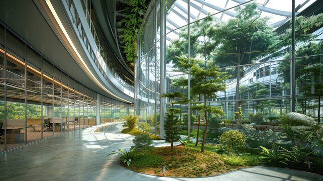 An innovative office structure with a curved glass exterior, featuring an indoor forest of tall trees and a green roof for maximum energy efficiency. 