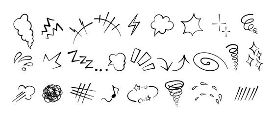 Anime manga comic emoticon element graphic effects hand drawn doodle vector illustration set isolated on white background. Manga style doodle line expression scribble anime mark collection.