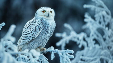 A snowy owl perching on a frozen tree branch in a winter landcape