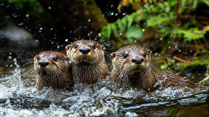 Three otter bathing in a splashing river