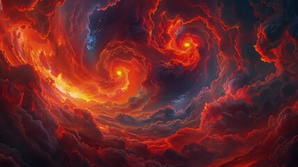 An otherworldly scene with neon red and orange clouds swirling in a storm-like pattern against a...