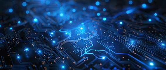 A computer chip with many blue and orange lights