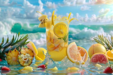 A watercolor painting of citrus fruit and ice in a glass on a beach - obrazy, fototapety, plakaty
