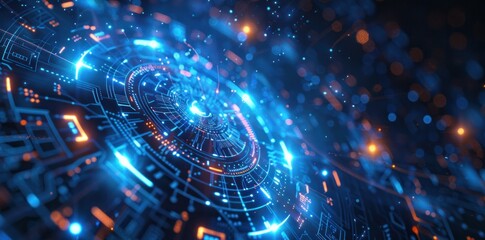 A blue and orange computer screen with a blue circle in the center