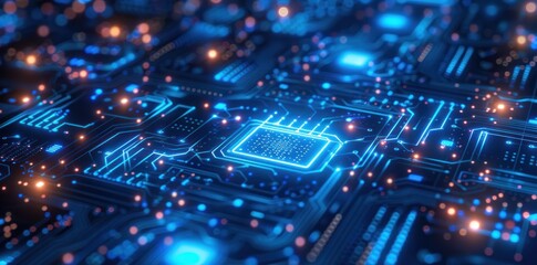 Obraz premium A computer chip is shown in a blue and orange color scheme