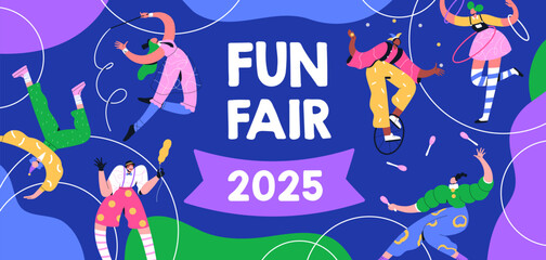 Fun fair, carnival banner design. Carnaval, happy holiday celebration background with colorful festive characters, harlequin, acrobats. Street festival card template. Flat vector illustration