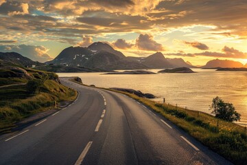 A beautiful landscape with mountains and sea views at sunset. The asphalt highway leads to the distant golden hour light.