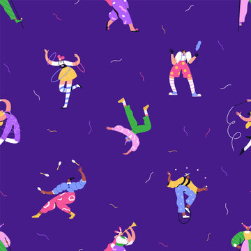 Circus characters, seamless pattern design. Festive endless background with fun carnival clown, acrobat, jester. Carnaval artists, repeating print. Flat vector illustration for textile, fabric