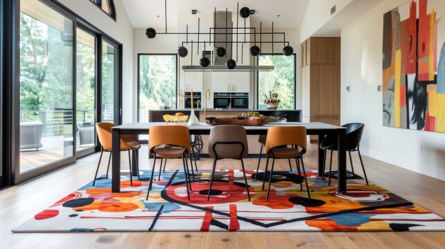 open-concept dining space showcases a vibrant, abstract rug that draws inspiration from circus motifs