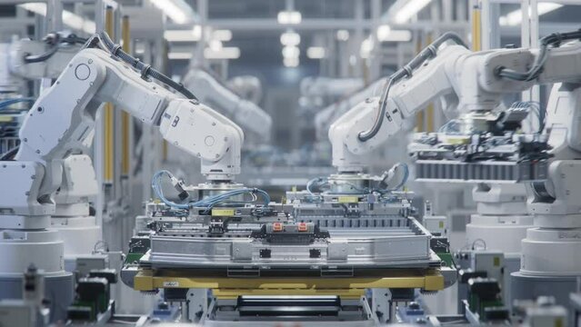 Front view of Automated Manufacturing Line with White Robotic Arms at Bright Factory. Lithium-Ion EV Battery Pack for Automotive Industry Assembly Process. Electric Car Production Line with Robot Arms