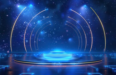 Obraz premium A blue and yellow stage with a blue circle in the middle