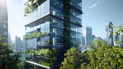 An urban glass office building with an external vertical garden and internal tree-filled spaces, highlighting its commitment to a green working environment. 