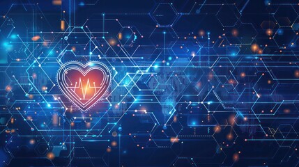 A heart is displayed on a blue background with a lot of lines and dots