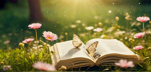 Old book lying on green grass on blurred green background. Open book with spring flowers and butterflies