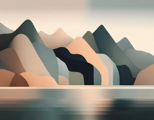 Morandi color art simple color blocks, sun, nature, water, mountains