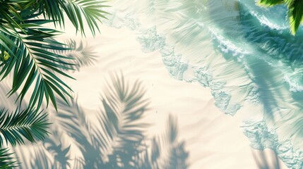 Aerial view of tropical beach with clear water, sand, and palm tree shadows