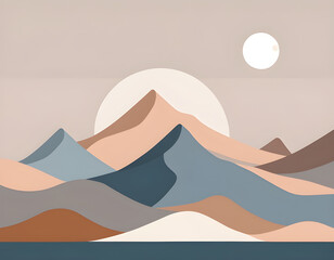 Morandi color art simple color blocks, sun, nature, water, mountains