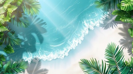 Tropical beach scene with lush palm leaves framing a crystal clear ocean shore.