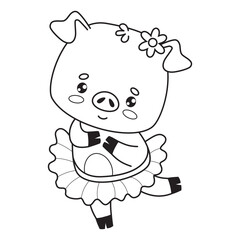 Happy funny pig girl ballerina. Cute outline cartoon animal. Line drawing, coloring book. Vector illustration. Kids collection.
