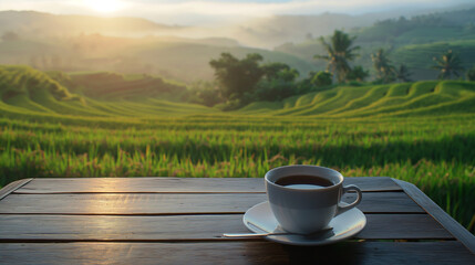Hot coffee cups on wooden table with morning rice field background