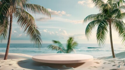 Tropical beach paradise scene with palm trees, ocean waves and circular platform