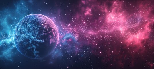 A colorful galaxy with a blue and pink planet in the middle - Powered by Adobe
