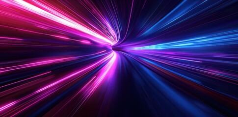 A colorful, blurry image of a tunnel with purple, blue, and red streaks