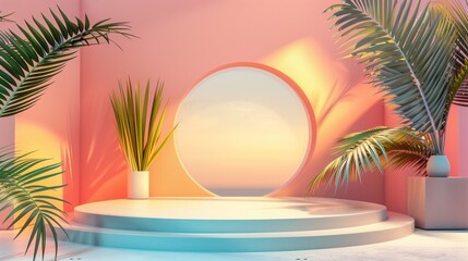 Fototapeta na wymiar Abstract minimalistic scene with a podium and tropical plants on a pink background.