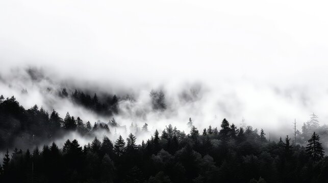 The distinct silhouettes of a thick forest under a heavy fog, creating a monochrome scene against a white sky. 