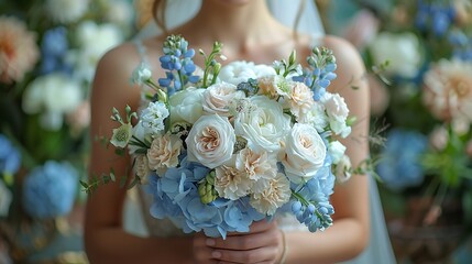 A woman holding a beautiful bouquet of blue and white flowers with a soft-focus background.  - Powered by Adobe
