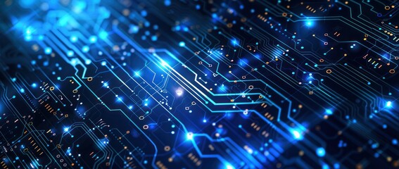 A computer chip with many blue and orange lights