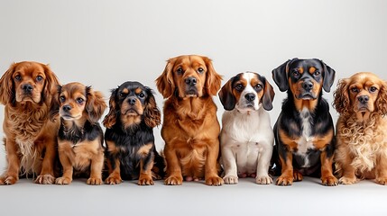Six adorable dogs of various breeds sitting side by side against a neutral background, exuding charm and personality perfect for a wide array of projects  - obrazy, fototapety, plakaty