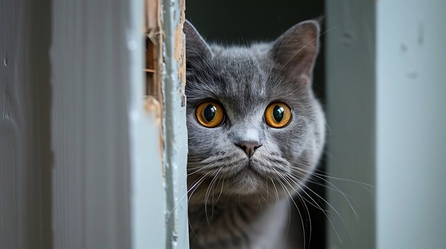 Curious grey cat peeping through a hole with striking orange eyes.