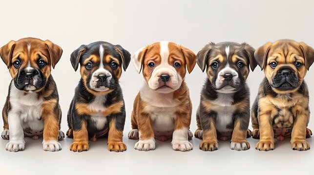 Five adorable puppies sitting in a row with curious expressions on a plain background, perfect for a pet-themed project. 