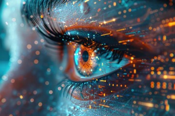 A woman's eye is shown in a digital art piece with a blue background