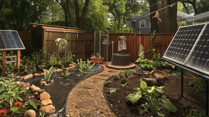 A backyard with a focus on sustainability, featuring a rain garden, a compost area, and native plant species. 