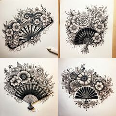 Chinese fan and floral around tattoo idea