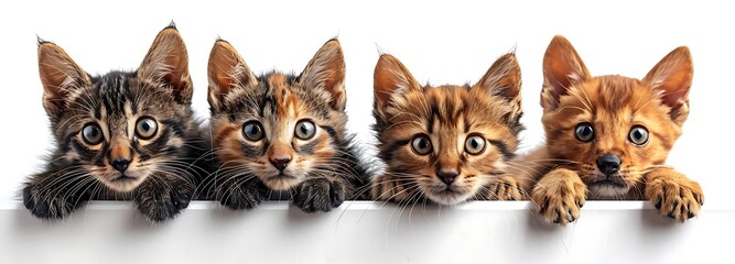 Four adorable kittens with varying fur patterns peeking over a white surface with a plain background. 