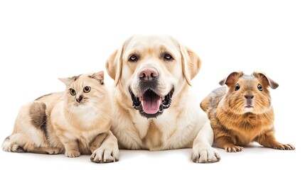 Obraz premium A smiling golden retriever sits between a placid cat and a curious guinea pig against a white background. 