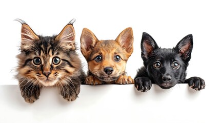 Three adorable pets, a fluffy kitten, and two cute puppies with their paws over the edge of a white...