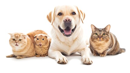 A happy dog lies on the floor flanked by two cats and a guinea pig, all looking at the camera against a white background. 