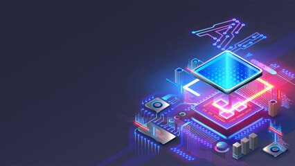 Processor with integration AI. AI Letters on chip. CPU connected to motherboard . Artificial intelligence technology in electronic chip on pcb board. Hardware tech conceptual background. 3d Vector.