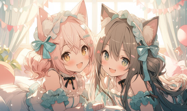 Two cute young girls having a great time together in a girly bedroom