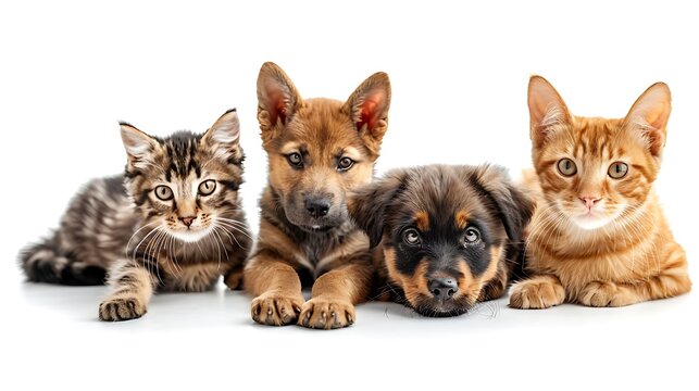 Three adorable pets, a tabby kitten, a puppy, and an orange kitten lying down against a white background. 