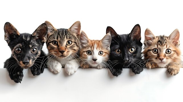 Six adorable kittens with various fur patterns peeking over a white surface looking curiously at the camera. 