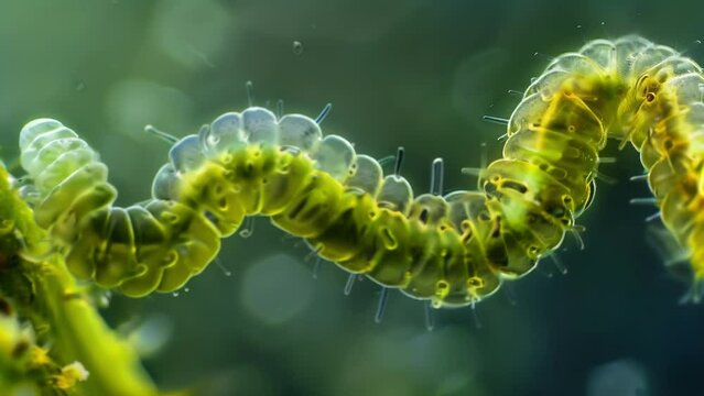 A of microscopic s resembling small worms attached to the stem of a plant their sharp feeding mouthparts piercing the surface and . AI generation.