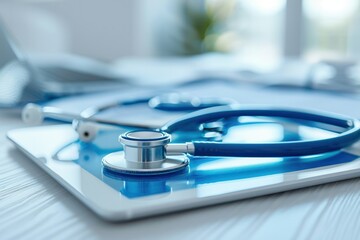 A blue stethoscope is on a tablet