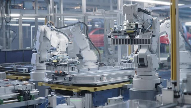 Lithium-Ion EV Battery Pack for Automotive Industry Assembly Process. Automated Production Line with White Robotic Arms at Bright Factory. Electric Car Manufacturing Line with Robot Arms