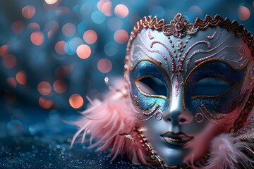 Mystical Mardi Gras Mask with Sparkling Bokeh. Concept Festive Accessories, Creative Lighting,...
