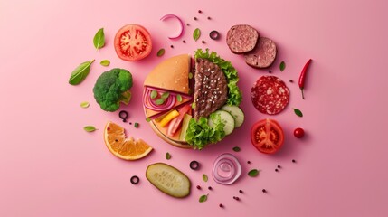 Juicy burger pie set against a pink background. Food concept background.